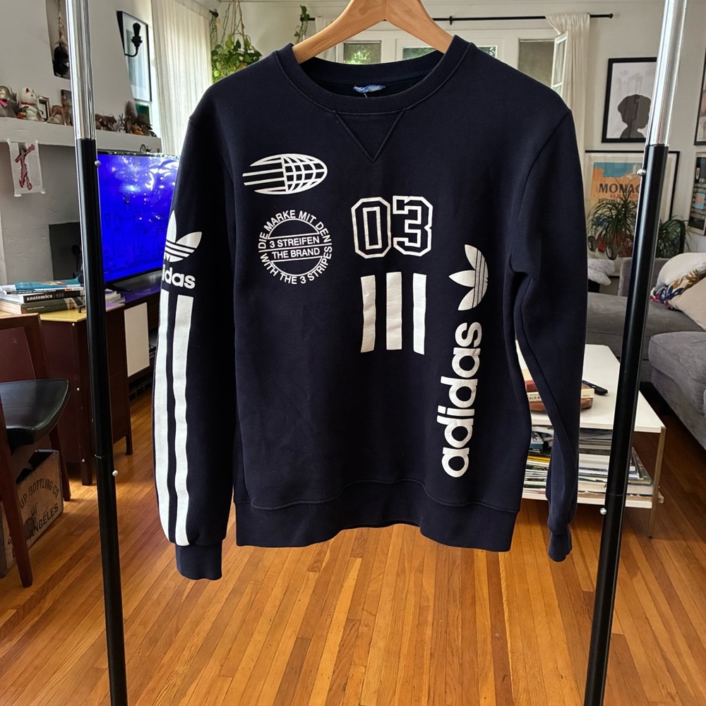 Adidas Navy and White Crewneck Sweater